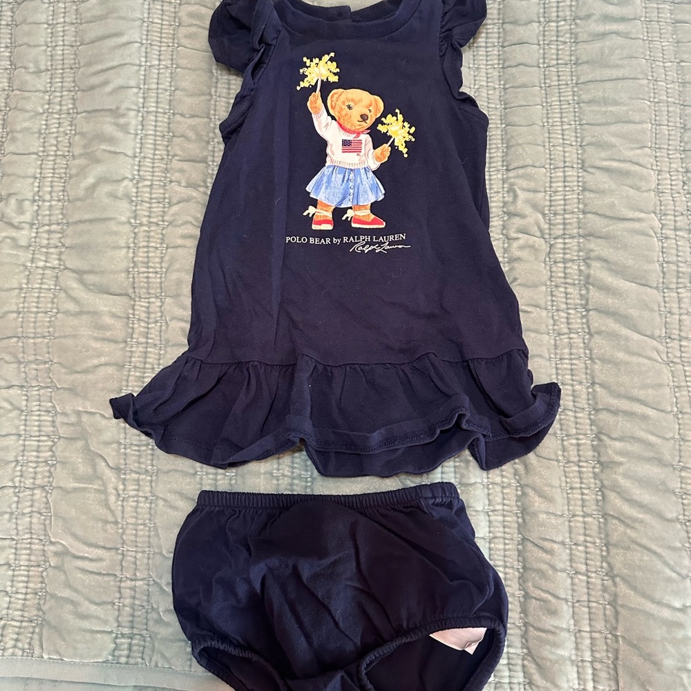 Ralph Lauren Navy Blue Polo Bear Ruffle Matching Set